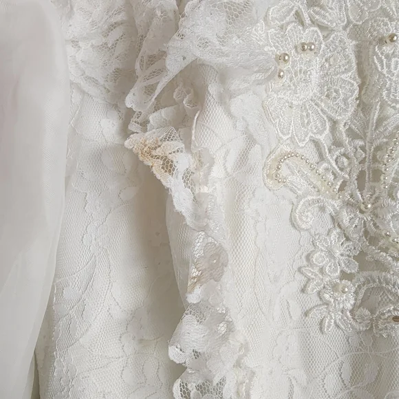 *RESERVED* Vintage Midsize Chiffon Long Sleeve Drop Waist Wedding Dress - Picture 4 of 7